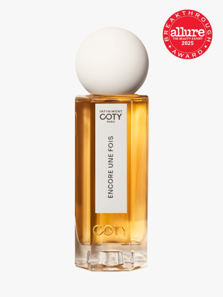 Encore Une Fois in branded clear bottle with white decorative cap on light gray background with red Allure Best of Beauty seal in the top right corner