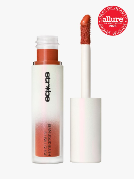 MAC Strobe Beam Liquid Blush in branded white tube with doe foot applicator on light gray background with red Allure Best of Beauty seal in the top right corner