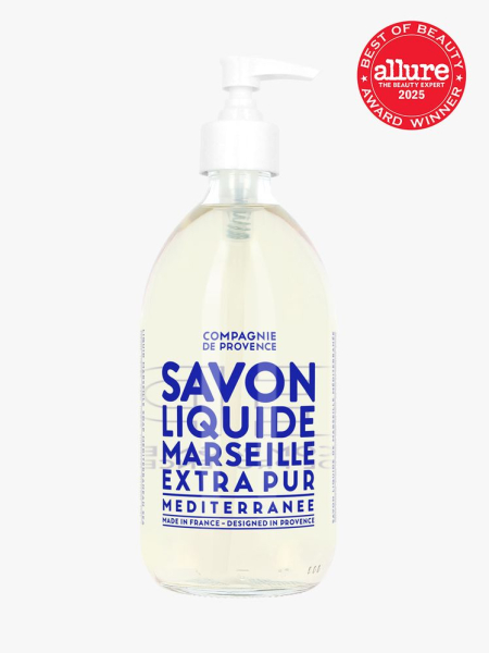 Compagnie de Provence Liquid Marseille Soap in branded clear bottle with white pump on light gray background with red Allure Best of Beauty seal in the top right corner