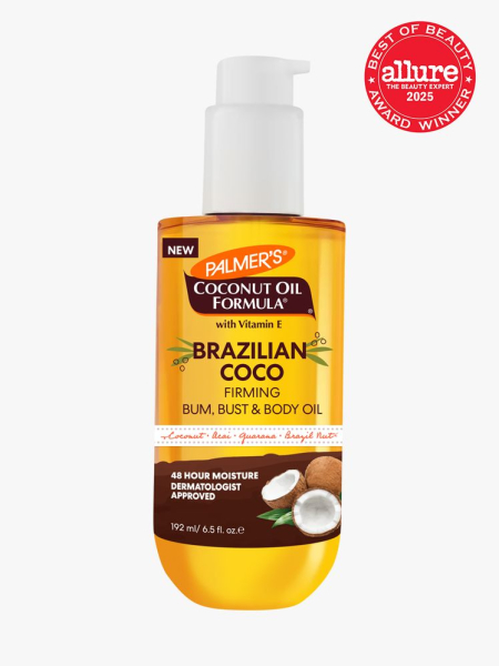 Palmer’s Coconut Oil Formula Brazilian Coco Firming Body Oil in branded clear bottle with white pump on light gray background with red Allure Best of Beauty seal in the top right corner