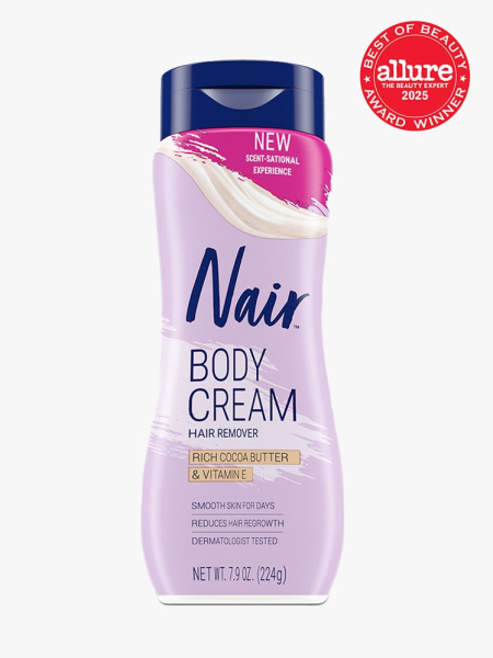 bottle of Nair Hair Remover Bladeless Shave Whipped Creme on light gray background with red Allure Best of Beauty seal in the top right corner
