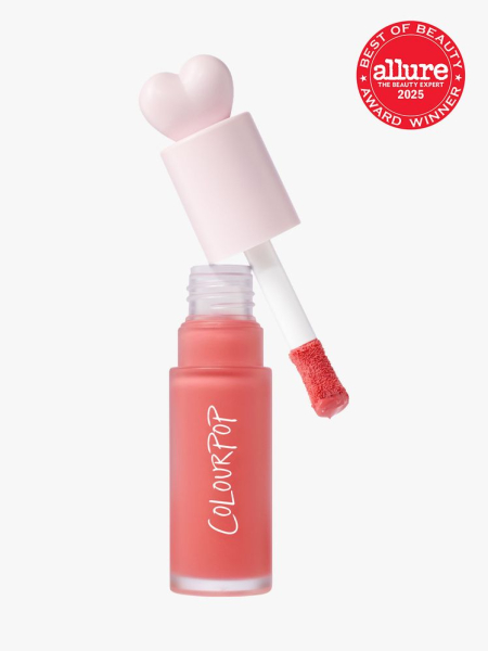 ColourPop Liquid Blush in branded clear bottle with decorative heart doe foot applicator cap on light gray background with red Allure Best of Beauty seal in the top right corner