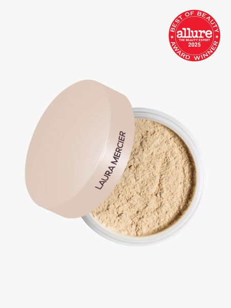 Laura Mercier Translucent Loose Talc-Free Setting Powder Ultra-Blur in branded clear jar with soft peach lid on light gray background with red Allure Best of Beauty seal in the top right corner
