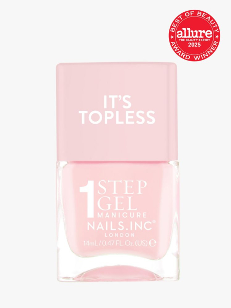 Nails.INC It’s Topless 4-in-1 Nail Polish in brande clear bottle with pink cap on light gray background with red Allure Best of Beauty seal in the top right corner