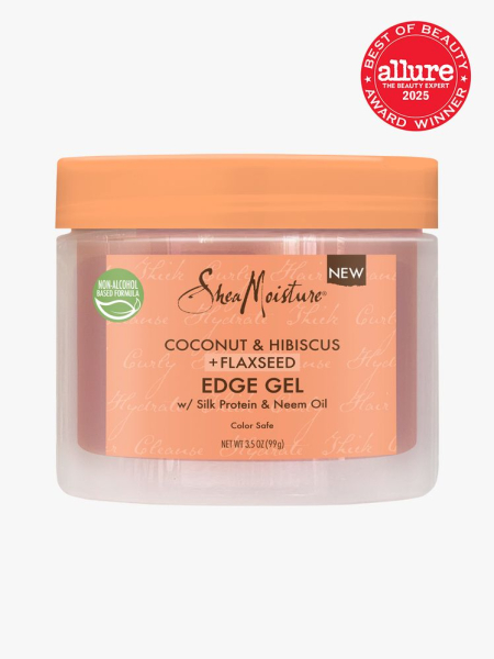 SheaMoisture Coconut & Hibiscus + Flaxseed Edge Gel in branded clear and orange jar with twist cap on light gray background with red Allure Best of Beauty seal in the top right corner