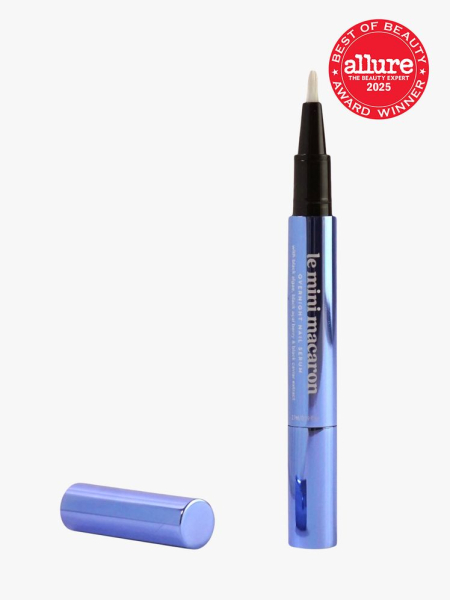 Le Mini Macaron Lunegloss Revitalizing Serum Pen in branded blue color way on light gray background with red Allure Best of Beauty seal in the top right corner