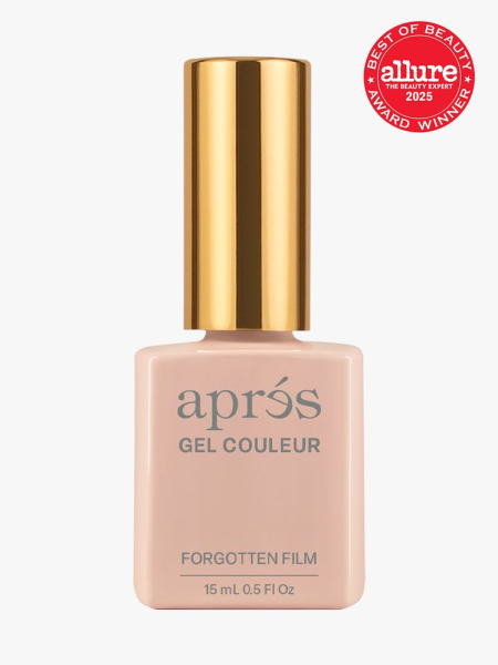 Après Nail Gel Polish in branded peach bottle with gold cap on light gray background with red Allure Best of Beauty seal in the top right corner