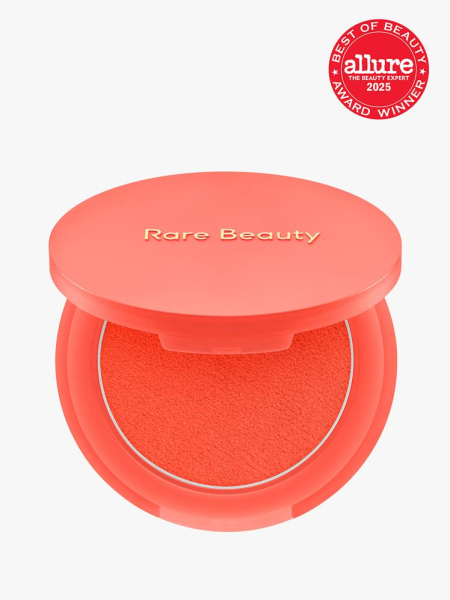 Rare Beauty Soft Pinch Matte Bouncy Blush in branded coral compact on light gray background with red Allure Best of Beauty seal in the top right corner
