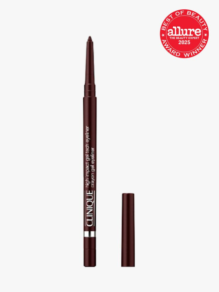 Clinique High Impact Gel Tech Eyeliner in branded twist up pencil applicator next to cap on light gray background with red Allure Best of Beauty seal in the top right corner