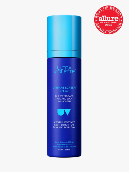 Vibrant Screen SPF 50 Water Resistant Face and Body Sunscreen in branded blue bottle with cap on light gray background with red Allure Best of Beauty seal in the top right corner