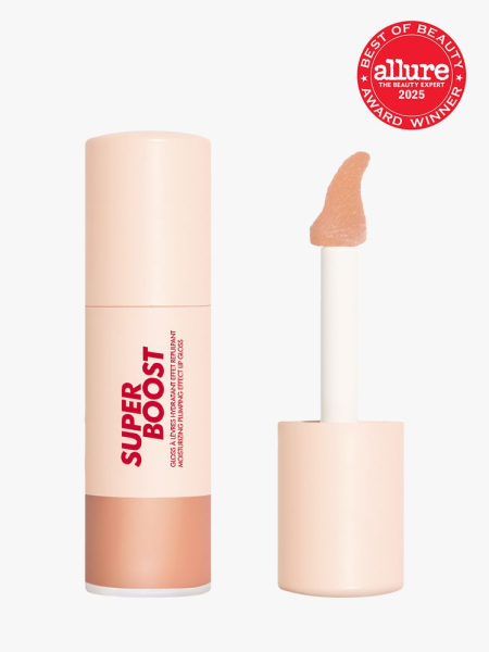  Make Up For Ever Super Boost Lip Gloss in branded peach tube with cap with attached doe foot applicator on light gray background with red Allure Best of Beauty seal in the top right corner