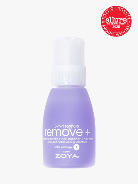 Zoya Remove Plus Nail Polish Remover in branded clear bottle with cap on light gray background with red Allure Best of Beauty seal in the top right corner