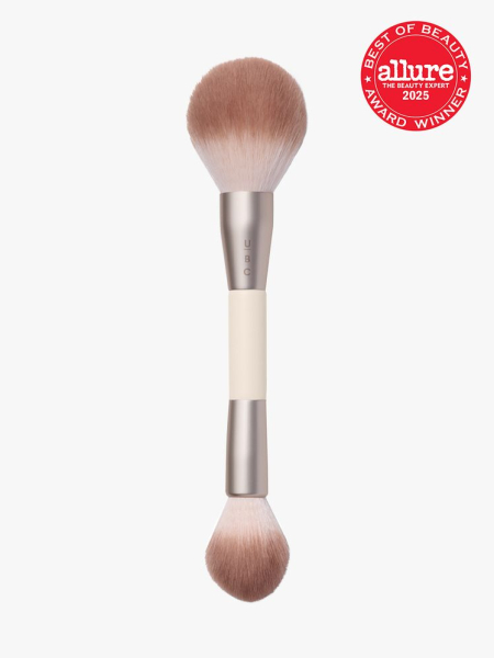 Ulta Beauty Collection Dual Ended Finishing Powder Brush 144 in duo ended beige and gold color way on light gray background with red Allure Best of Beauty seal in the top right corner