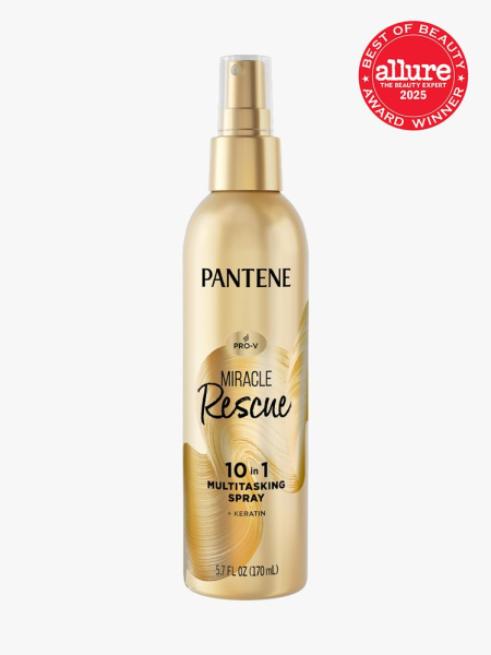 Pantene Miracle Rescue 10-in-1 Multitasking Spray + Keratin in branded gold bottle with spray cap on light gray background with red Allure Best of Beauty seal in the top right corner