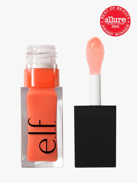 e.l.f. Cosmetics Glow Reviver Lip Oil in branded clear glass bottle with black cap with doe foot applicator on light gray background with red Allure Best of Beauty seal in the top right corner