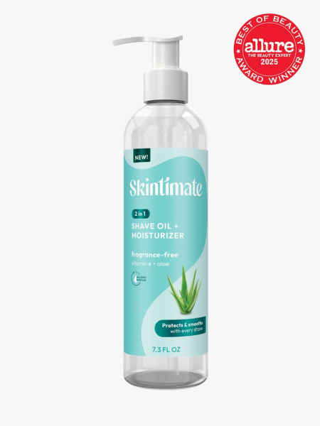Skintimate Fragrance Free 2-in-1 Shave Oil + Moisturizer in branded clear bottle with white pump on light gray background with red Allure Best of Beauty seal in the top right corner