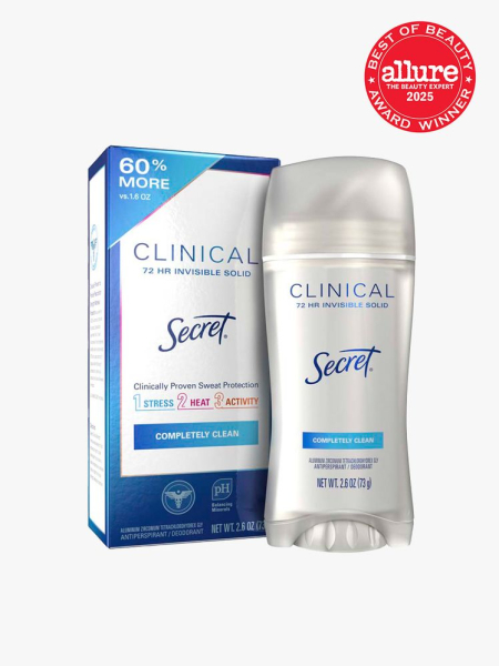 Secret Clinical Completely Clean Invisible Solid white stick of deodorant and box on light gray background with red Allure Best of Beauty seal in the top right corner