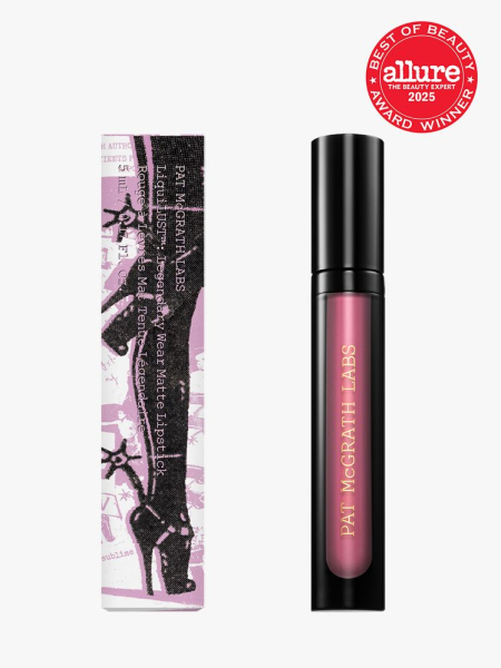 Pat McGrath Labs LiquiLUST Legendary Wear Lipstick in black tube next to branded box packaging on light gray background with red Allure Best of Beauty seal in the top right corner 