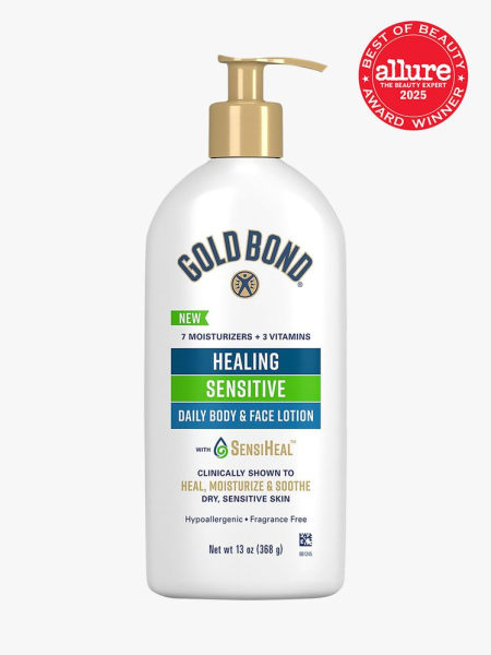 Gold Bond Healing Sensitive Daily Body & Face Lotion in branded white bottle with gold pump on light gray background with red Allure Best of Beauty seal in the top right corner