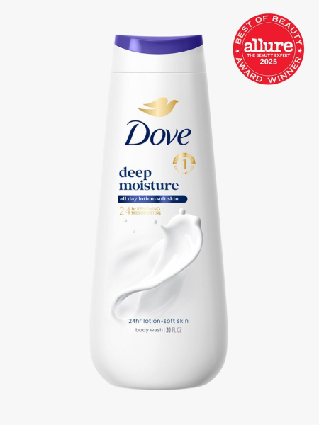 Dove Deep Moisture Body Wash white and blue bottle of body wash on light gray background with red Allure Best of Beauty seal in the top right corner