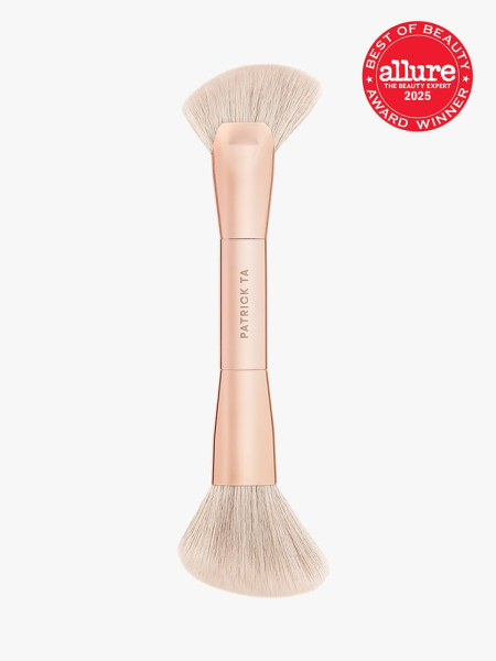 Patrick Ta Major Sculpt Dual-Ended Sculpting Brush with rose gold handle on light gray background with red Allure Best of Beauty seal in the top right corner