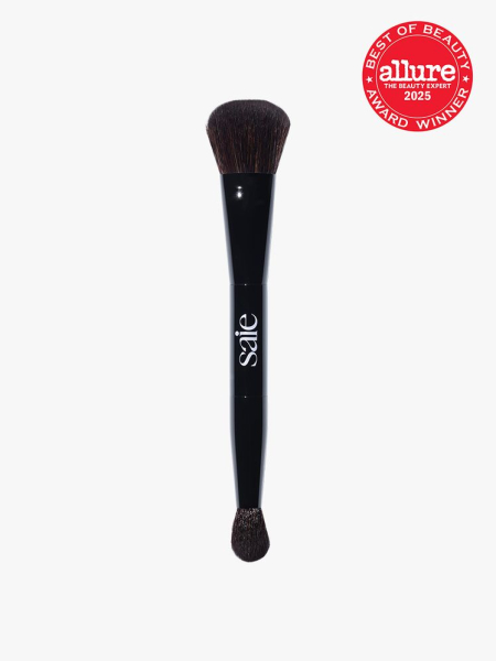 Saie The Double-Ended Sculpting Brush in branded black color way on light gray background with red Allure Best of Beauty seal in the top right corner