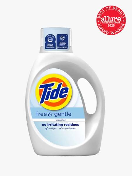 Tide Free and Gentle Detergent white container of laundry detergent on light gray background with red Allure Best of Beauty seal