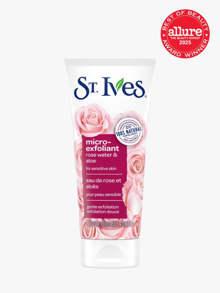 St. Ives Rose and Aloe Micro-Exfoliant in branded tube packaging on light gray background with red Allure Best of Beauty seal in the top right corner