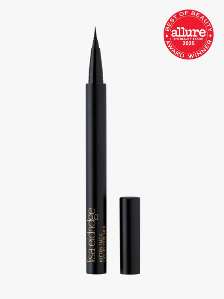 Lisa Eldridge Kitten Flick Liquid Eyeliner in branded pen style applicator next to cap on light gray background with red Allure Best of Beauty seal in the top right corner