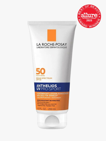 La Roche-Posay Anthelios UV Pro-Sport Sunscreen SPF 50 in branded white and orange tube with cap on light gray background with red Allure Best of Beauty seal in the top right corner