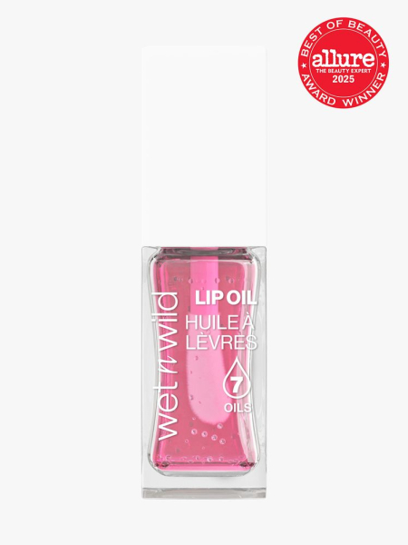 wet n wild Lip Oil in branded clear bottle with white cap on light gray background with red Allure Best of Beauty seal in the top right corner