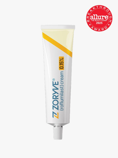 Arcutis Biotherapeutics Zoryve yellow and white tube on light gray background with red Allure Best of Beauty seal in the top right corner