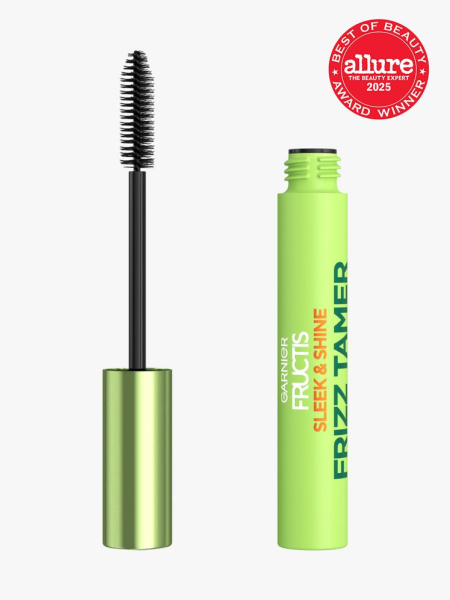 Garnier Fructis Sleek & Shine Frizz Tamer in green tube next to brush applicator on light gray background with red Allure Best of Beauty seal in the top right corner