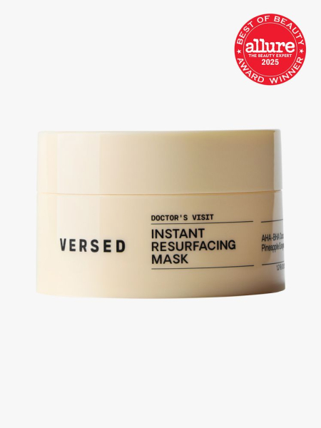 Versed Doctor’s Visit Instant Resurfacing Mask in branded yellow jar with twist cap on light gray background with red Allure Best of Beauty seal in the top right corner